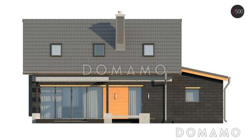 Проект компактного одноэтажного дома из кирпича с ночной зоной на мансардном этаже и с гаражом / Фасад 1