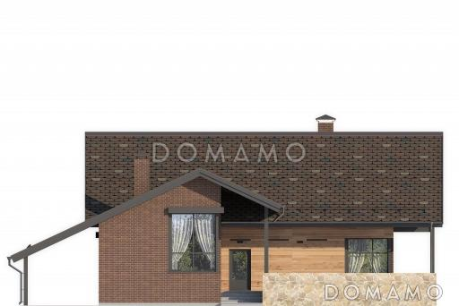 Проект дома с навесом на две машины, двумя террасами, гостиной с камином, спальней на первом этаже, балконом / Фасад 1