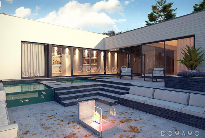 Проект просторного современного одноэтажного дома из кирпича с плоской крышей, с тремя спальнями, террасой и гаражом для трёх автомобилей Проект просторного современного одноэтажного дома из кирпича с плоской крышей, с тремя спальнями, террасой и гаражом для трёх автомобилей