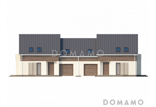 Проект современных мансардных домов-близнецов из газобетона с гаражом, тремя спальнями и балконом / Фасад 1