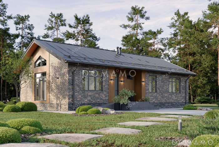 Проект прямоугольного одноэтажного дома с двухскатной фальцевой кровлей, вторым светом и классической отделкой облицовочным кирпичом и планкеном Проект прямоугольного одноэтажного дома с двухскатной фальцевой кровлей, вторым светом и классической отделкой облицовочным кирпичом и планкеном