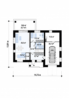 Проект двухэтажного дома из кирпича с гаражом, кабинетом, террасой / План 1 этажа