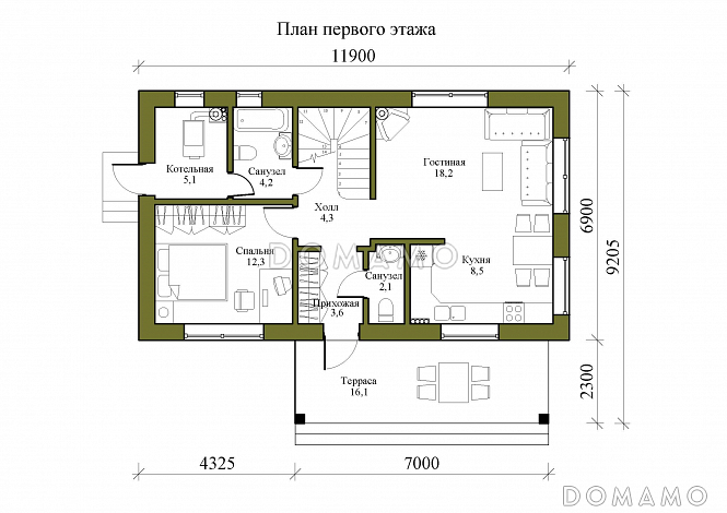 Проект компактного одноэтажного дома с мансардной и четырьмя спальнями / План 1 этажа Проект компактного одноэтажного дома с мансардной и четырьмя спальнями / План 1 этажа