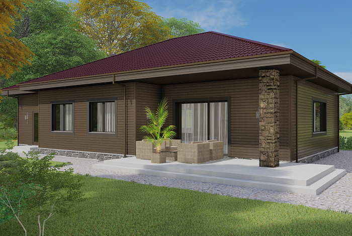 Проект одноэтажного дома с пристроенным гаражом и крытой террасой