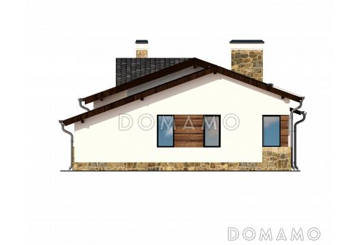 Проект одноэтажного дома из SIP панелей с большой крытой террасой, тремя спальнями, кузней с окном, чердаком / Фасад 1