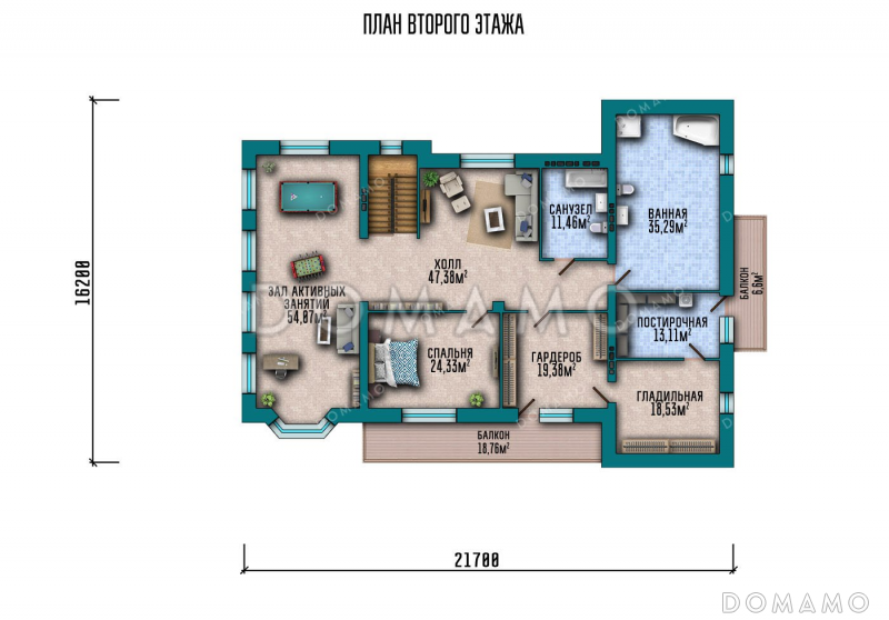 Проект дома с сауной, бассейном и зимним садом / План 2 этажа