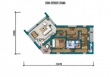 Проект одноэтажного дома с мансардой и большими окнами / План 1 этажа Проект одноэтажного дома с мансардой и большими окнами / План 1 этажа