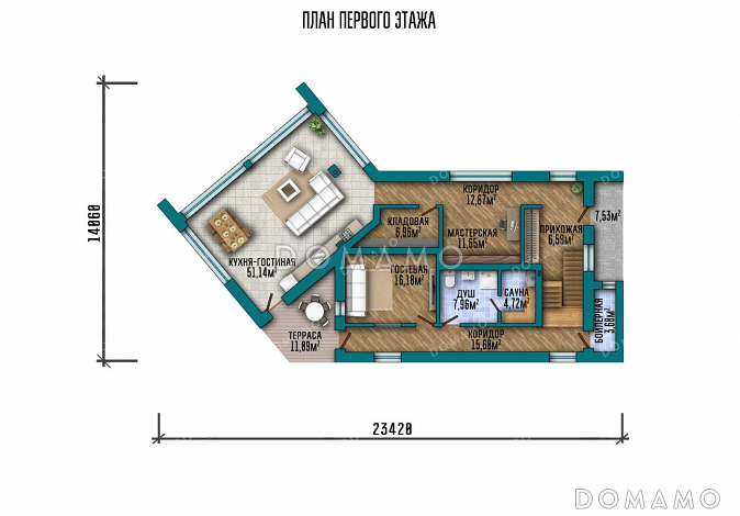 Проект одноэтажного дома с мансардой и большими окнами / План 1 этажа Проект одноэтажного дома с мансардой и большими окнами / План 1 этажа