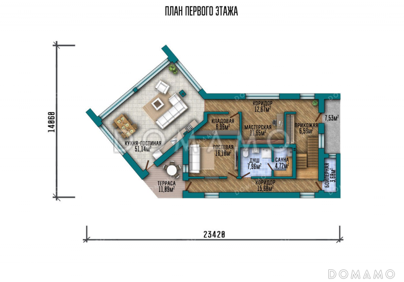 Проект одноэтажного дома с мансардой и большими окнами / План 1 этажа