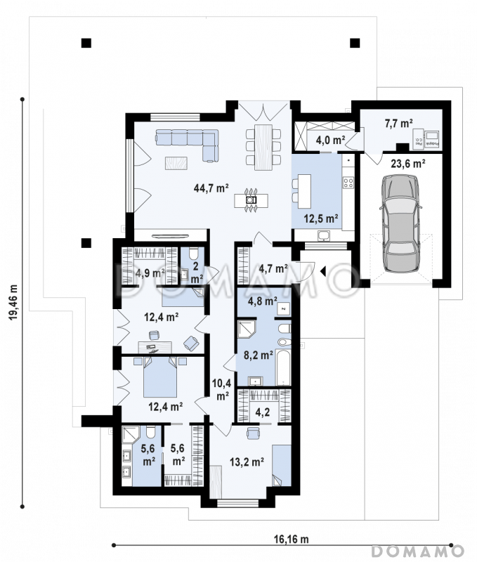 Проект одноэтажного дома из кирпича с просторной гостиной, тремя спальнями и гаражом / План 1 этажа