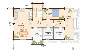 Проект современного дома из клееного бруса с односкатной крышей / План 1 этажа Проект современного дома из клееного бруса с односкатной крышей / План 1 этажа