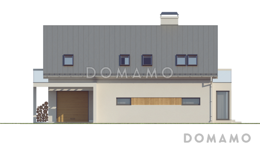 Проект одноэтажного мансардного дома из кирпича со стеклянным эркером в кухонной зоне, двумя балконами и гаражом / Фасад 3