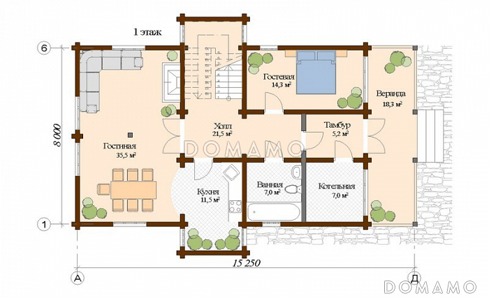 Проект современного дома из клееного бруса с односкатной крышей / План 1 этажа Проект современного дома из клееного бруса с односкатной крышей / План 1 этажа