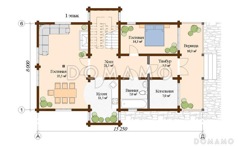 Проект современного дома из клееного бруса с односкатной крышей / План 1 этажа