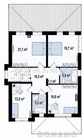 Проект двухэтажного дома с большой гостиной, крытой террасой, кладовой в кухне, спальней на первом этаже / План 2 этажа