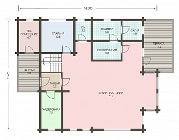 Проект деревянного дома из клееного бруса с большой совмещенной гостиной с кухней / План 1 этажа Проект деревянного дома из клееного бруса с большой совмещенной гостиной с кухней / План 1 этажа