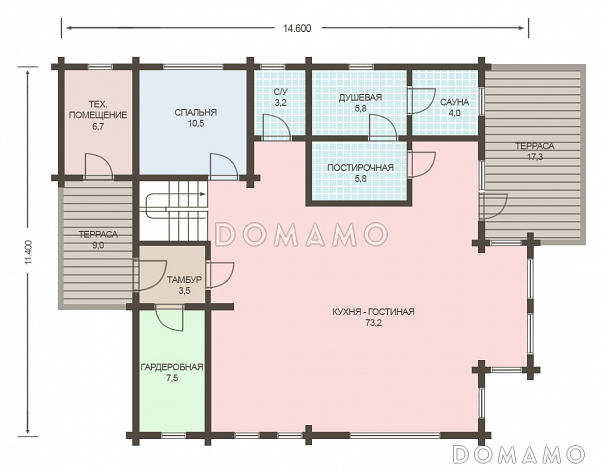 Проект деревянного дома из клееного бруса с большой совмещенной гостиной с кухней / План 1 этажа Проект деревянного дома из клееного бруса с большой совмещенной гостиной с кухней / План 1 этажа