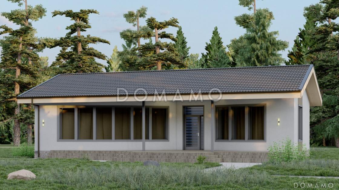 Проект одноэтажной бани с панорамным остеклением, крытой террасой, спальней / 5