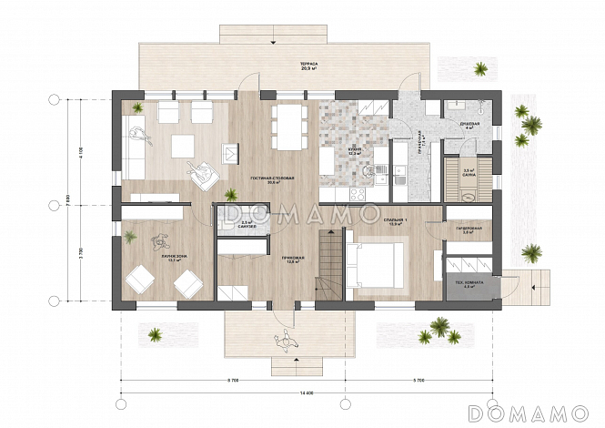 М-185 одноэтажный с мансардой дом / План 1 этажа