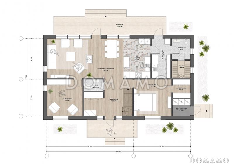 М-185 одноэтажный с мансардой дом / План 1 этажа
