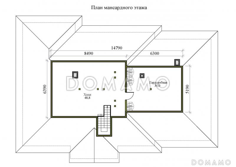 Проект одноэтажного дома с мансардой, верандой и гаражом на 2 машины / План мансардного этажа