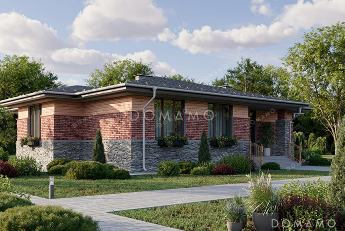 Проект одноэтажного дома средних размеров с 4 спальнями и небольшой террасой Проект одноэтажного дома средних размеров с 4 спальнями и небольшой террасой