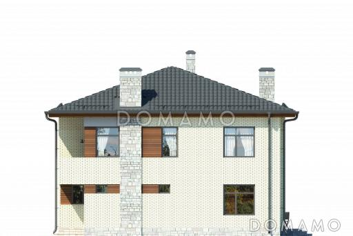 Двухэтажный загородный дом с облицовкой кирпичом, крытой террасой, спальней на первом этаже, двумя балконами / Фасад 2