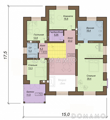 Проект двухэтажного коттеджа с цокольным этажом, гаражом и парной / План 2 этажа Проект двухэтажного коттеджа с цокольным этажом, гаражом и парной / План 2 этажа