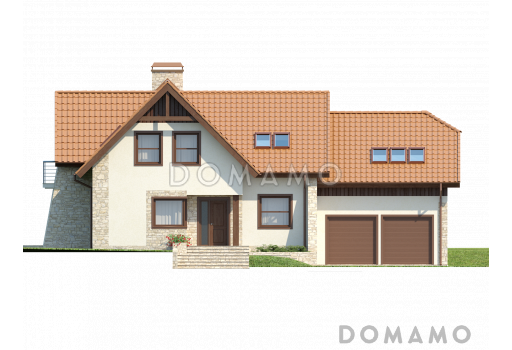 Проект просторного мансардного коттеджа из кирпича с пятью спальнями, кабинетом и гаражом / Фасад 1