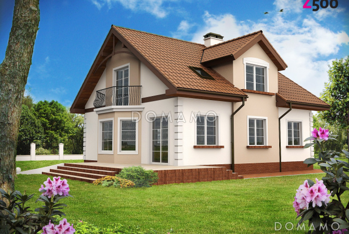 Проект одноэтажного мансардного дома из газобетона с кабинетом, эркером и балконом над ним Проект одноэтажного мансардного дома из газобетона с кабинетом, эркером и балконом над ним