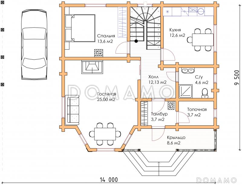 Проект коттеджа из бруса с эркером / План 1 этажа