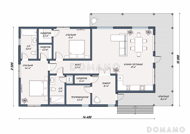 Каркасный дом "Вудленд" / План 1 этажа Каркасный дом "Вудленд" / План 1 этажа