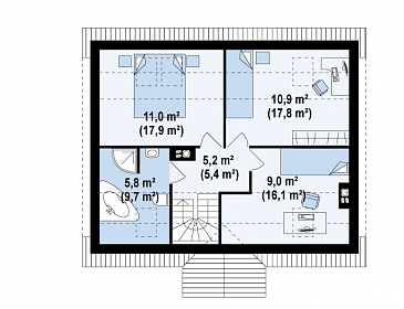 Проект одноэтажного мансардного дома из газобетона с камином в центральной части дома / План мансардного этажа Проект одноэтажного мансардного дома из газобетона с камином в центральной части дома / План мансардного этажа