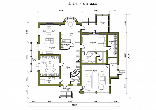 Проект просторного двухэтажного дома с эркером, двумя террасами и гаражом на 2 места / План 1 этажа