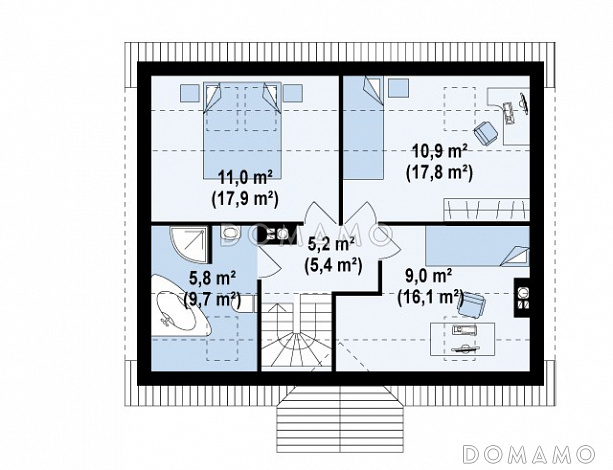Проект одноэтажного мансардного дома из газобетона с камином в центральной части дома / План мансардного этажа Проект одноэтажного мансардного дома из газобетона с камином в центральной части дома / План мансардного этажа