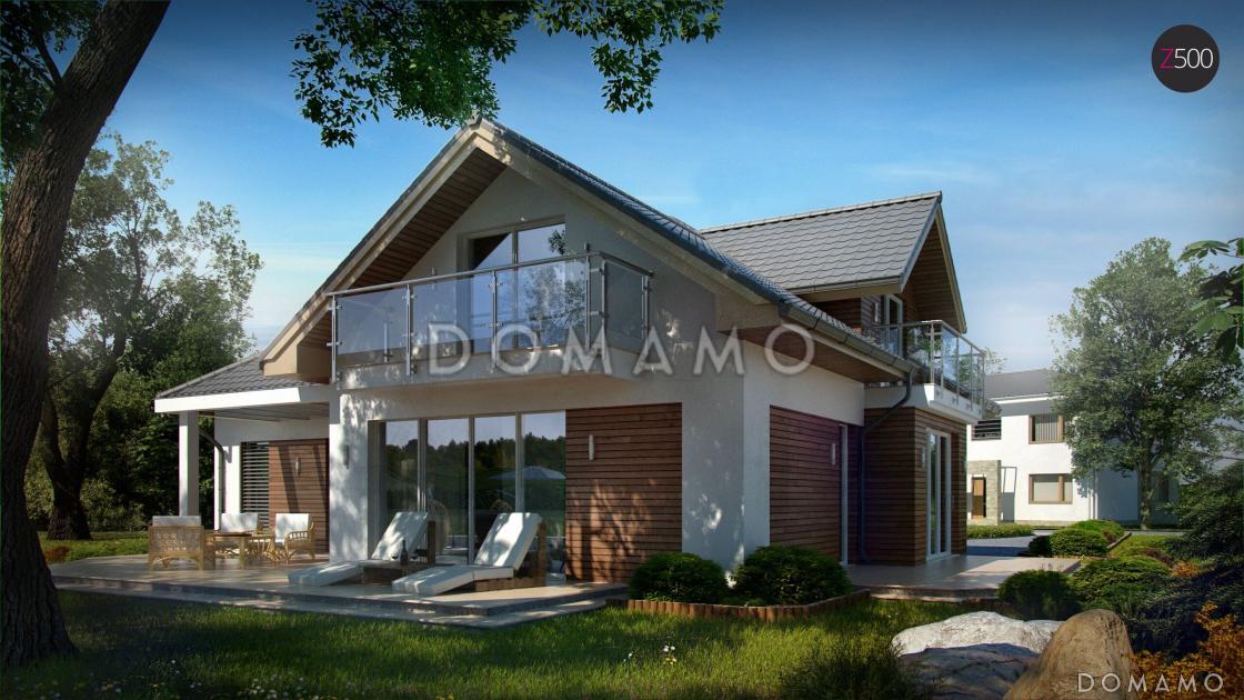 Проект просторного одноэтажного мансардного коттеджа из газобетона с гостевой спальней на первом этаже, кабинетом и гаражом / 1