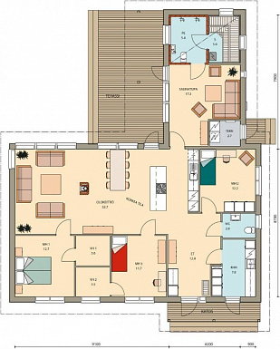 Проект каркасного дома с комнатой отдыха в зоне сауны / План 1 этажа Проект каркасного дома с комнатой отдыха в зоне сауны / План 1 этажа