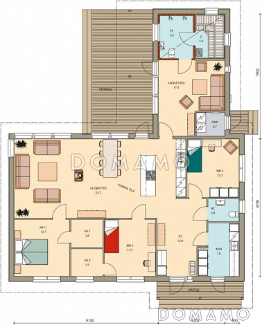 Проект каркасного дома с комнатой отдыха в зоне сауны / План 1 этажа Проект каркасного дома с комнатой отдыха в зоне сауны / План 1 этажа