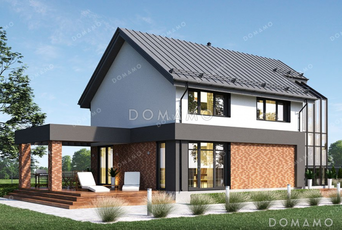 Проект дома с большой террасой, эркером и выразительной застекленной частью