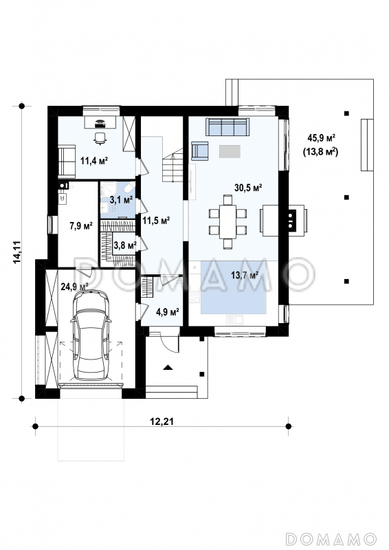 Проект просторного современного двухэтажного дома из кирпича, с четырьмя комнатами, гаражом и вторым светом над гостиной / План 1 этажа