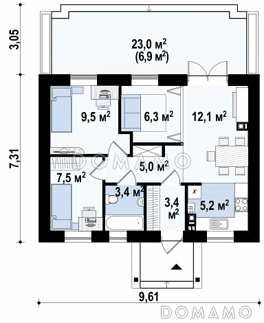 Проект компактного одноэтажного дома из кирпича с большой открытой террасой / План 1 этажа Проект компактного одноэтажного дома из кирпича с большой открытой террасой / План 1 этажа