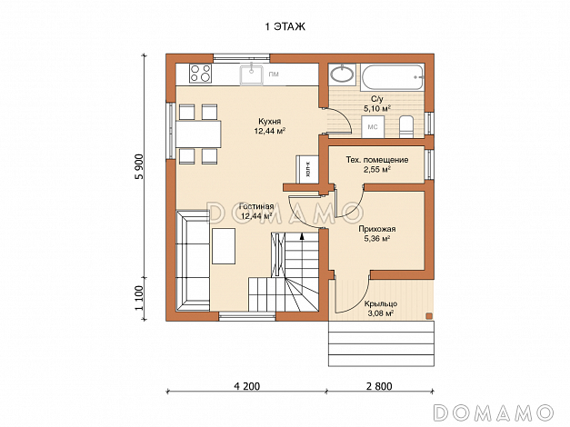 Каркасный дом "Лаэннек" / План 1 этажа Каркасный дом "Лаэннек" / План 1 этажа