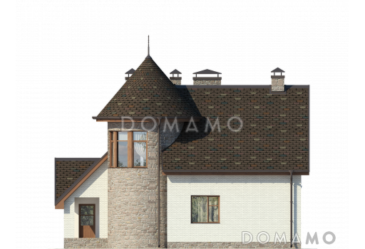 Проект дома с застекленным холлом, полукруглым крыльцом, сауной и четырьмя спальнями на мансарде / Фасад 2