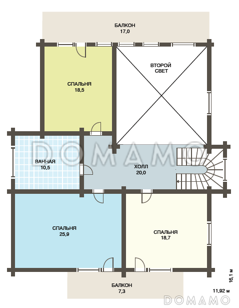 Проект дома из клееного бруса с просторным балконом на втором этаже / План мансардного этажа