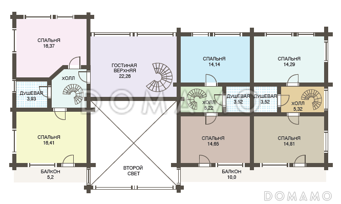 Проект двухэтажного дома из клееного бруса с шестью спальнями и гостиной на втором этаже / План мансардного этажа