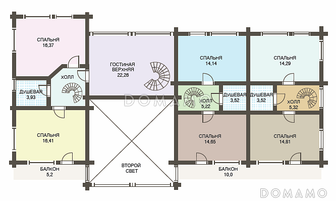 Проект двухэтажного дома из клееного бруса с шестью спальнями и гостиной на втором этаже / План мансардного этажа Проект двухэтажного дома из клееного бруса с шестью спальнями и гостиной на втором этаже / План мансардного этажа