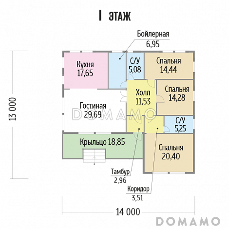 Проект одноэтажного дома из клееного бруса с тремя спальнями / План 1 этажа Проект одноэтажного дома из клееного бруса с тремя спальнями / План 1 этажа