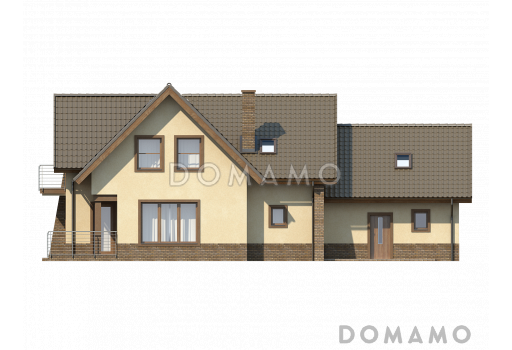 Проект просторного комфортного мансардного дома из кирпича с необычной планировкой и гаражом / Фасад 2