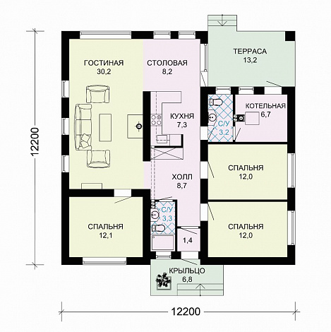Проект одноэтажного дома из пенобетона с тремя спальнями и крытой террасой / План 1 этажа
