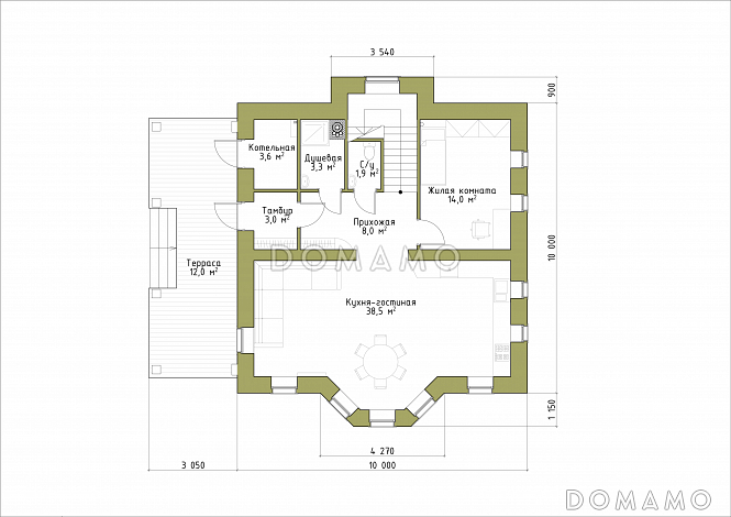 Проект классического коттеджа 10х10. / План 1 этажа Проект классического коттеджа 10х10. / План 1 этажа
